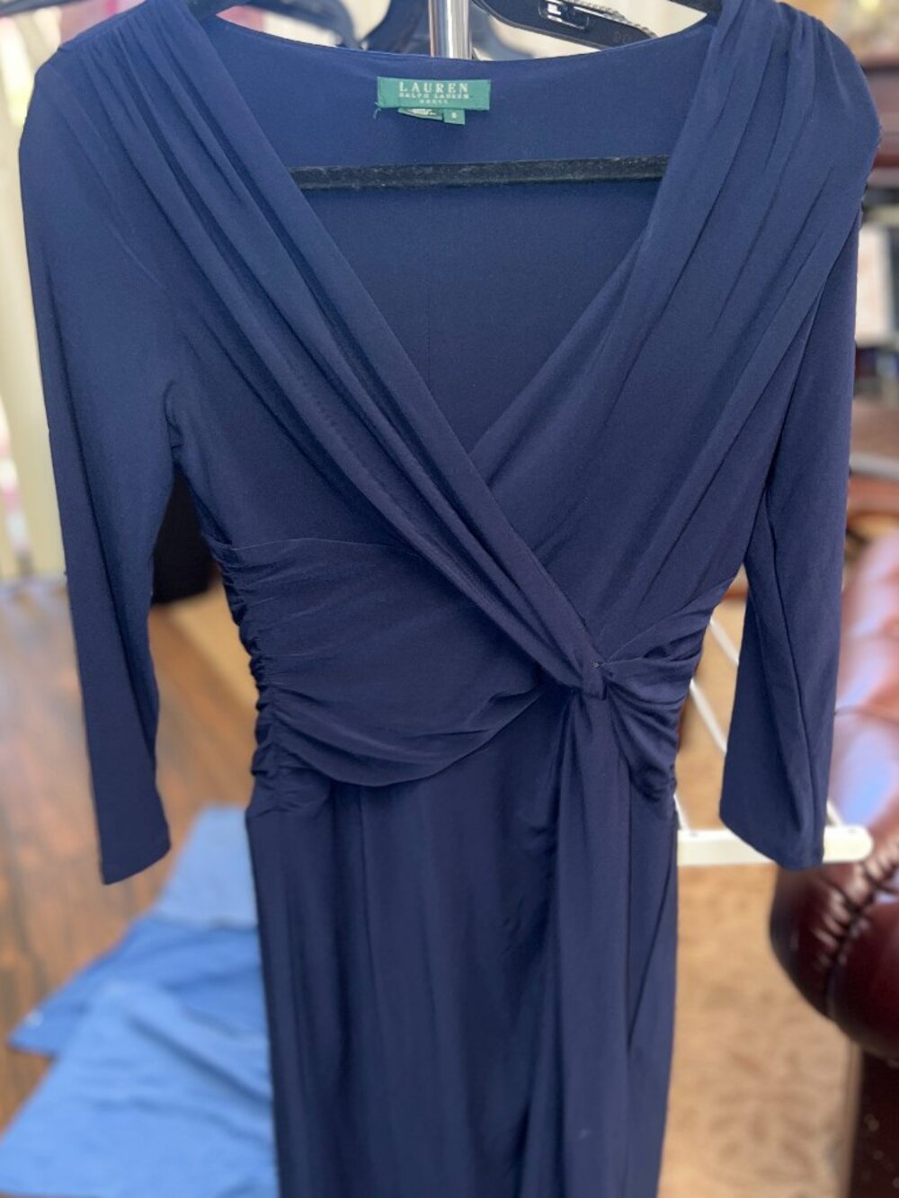 Lauren Ralph Lauren Navy Blue Ruched Knot Midi Dress Size 6